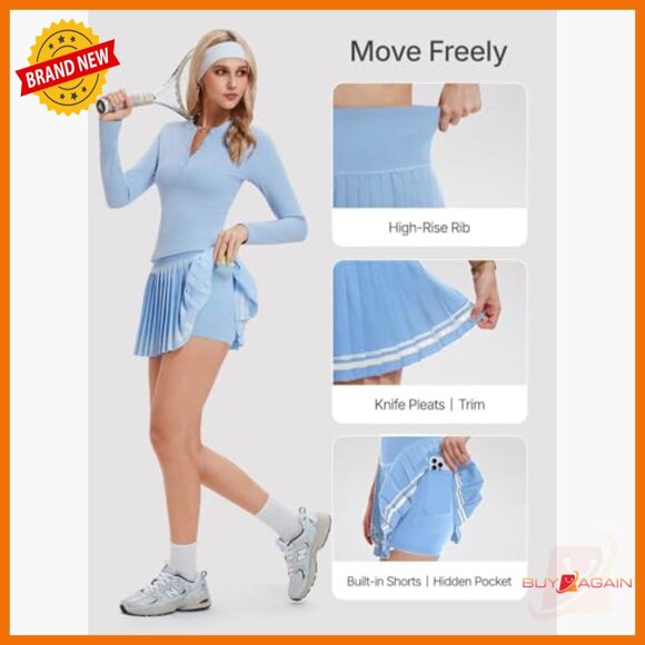 Long Sleeve Henley Top & Pleated Skort Tennis Set - Slim Fit Athletic Outfit - Picture 3 of 7